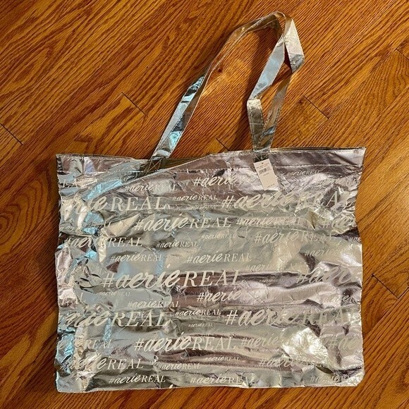 Aerie | NWT Silver Metallic Logo Tote Bag - Picture 1 of 7